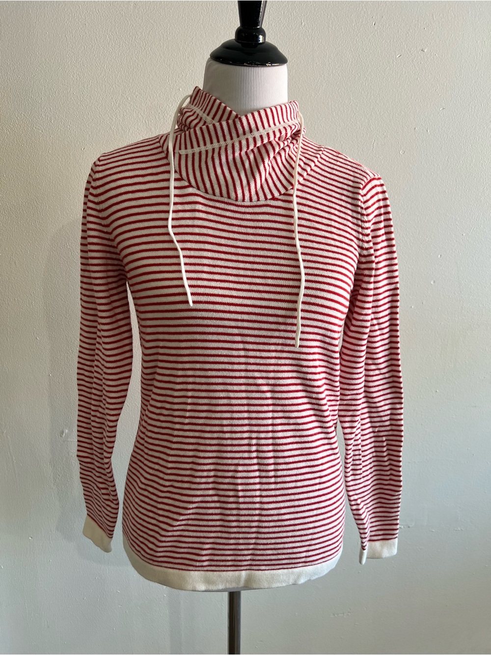 CAbi Red and White Striped Cowlneck Sweater with Drawstring EUC